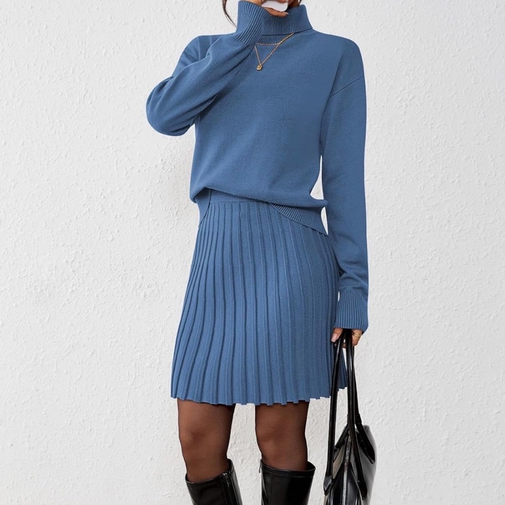 Blue Knit Sweater Pleated Mini Skirt Set| Size Small| NWT| Cozy Fall Outfit
